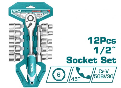 TOTAL TOOLS THT141121 JUEGO 12 PIEZAS CUBOS CDT HEXAGONALES 1/2" + RATCHET
