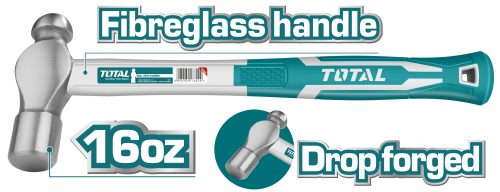 TOTAL TOOLS THT74166 MARTILLO DE BOLA CABEZA ACERO DE CARBONO FORJADO MANGO DE FIBRA DE VIDRIO 450G